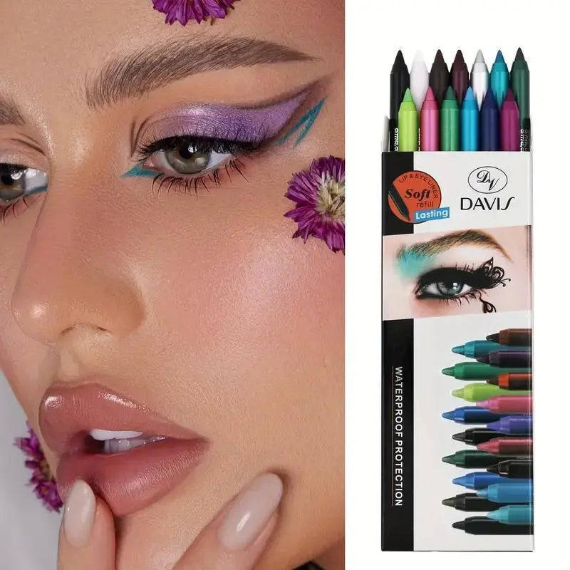 Caneta delineadora com glitter de 12 cores, acabamento brilhante nacarado de alta cor, à prova de água, caneta delineadora punk gótica esfumada, maquilhagem, conjunto de lápis delineador, produtos de maquilhagem, lápis delineadores, cosméticos