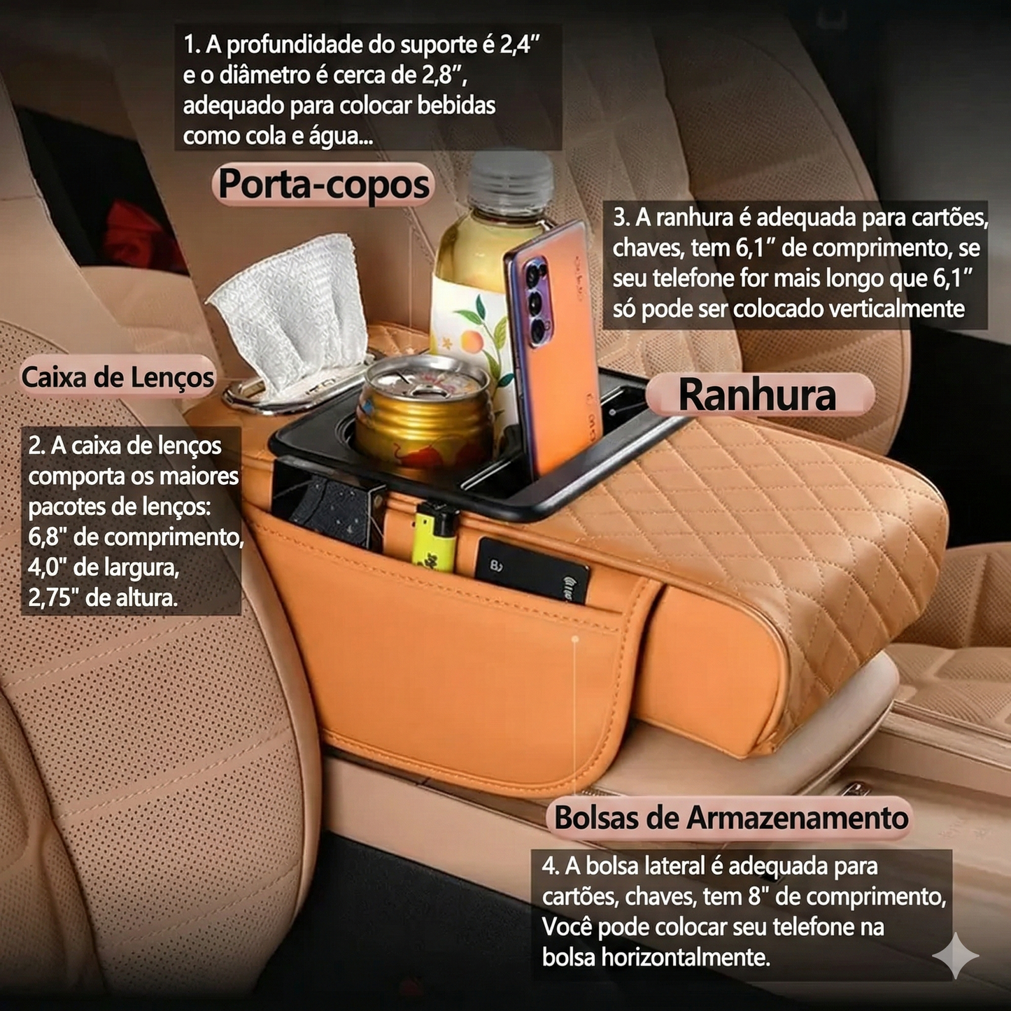 Almofada para apoio de braço de automóvel - Organizador 5 em 1