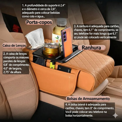Almofada para apoio de braço de automóvel - Organizador 5 em 1