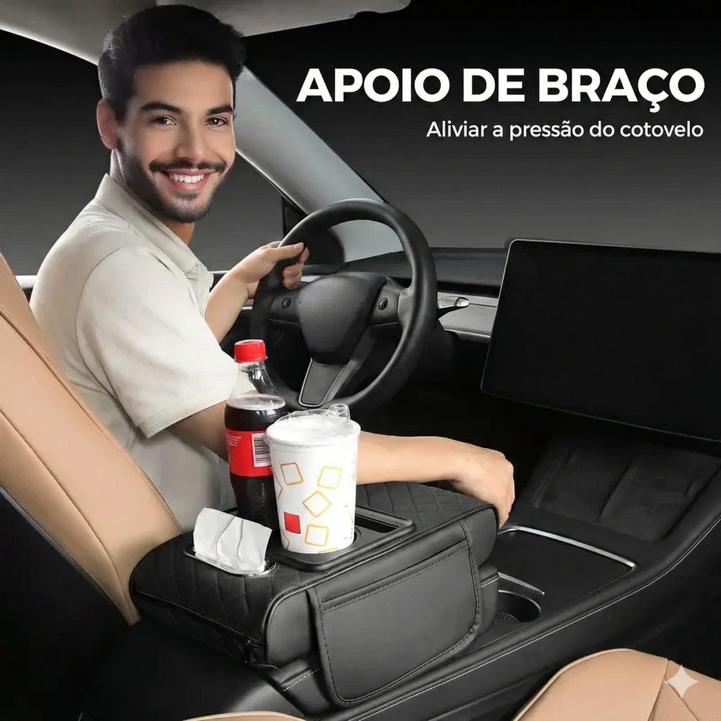 Almofada para apoio de braço de automóvel - Organizador 5 em 1