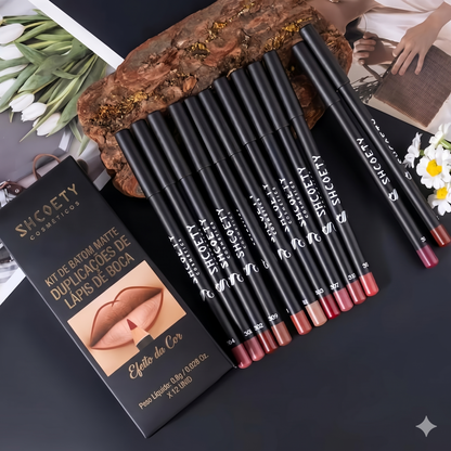 Lábios Definidos Lápis de Contorno Matte Longa Duração Kit 12pcs