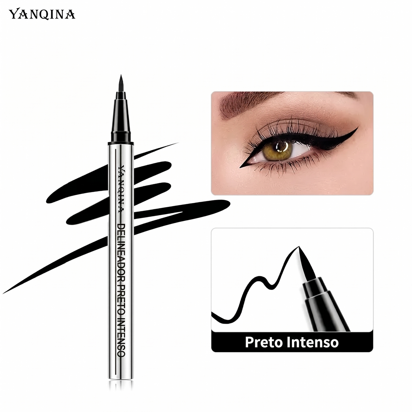 Cor preta – Eyeliner de Longa Duração YANQINA – Textura Impermeável, Vegan e Ultra Cremosa (24h)