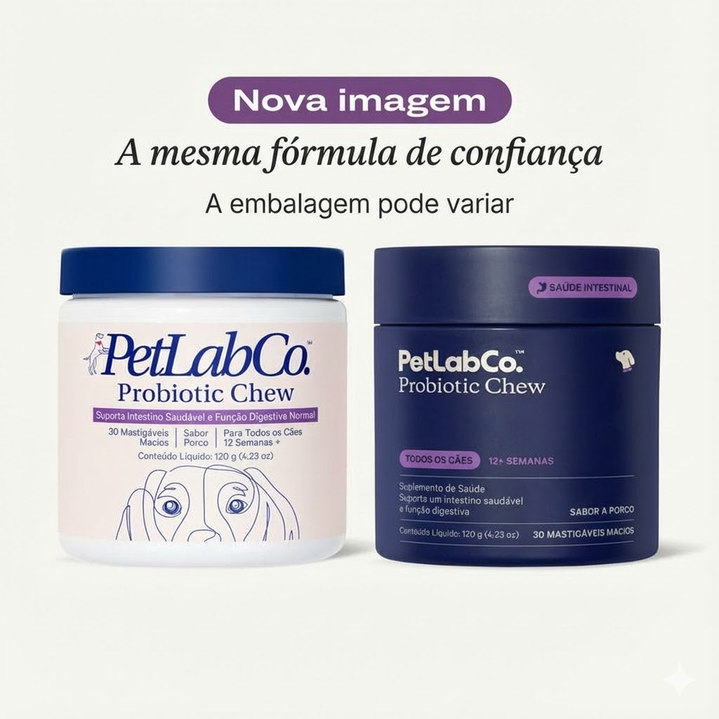 Probióticos em comprimidos mastigáveis macios para cães, para alergias sazonais, saúde intestinal e digestiva. Ingredientes de elevada qualidade, testados por veterinários.