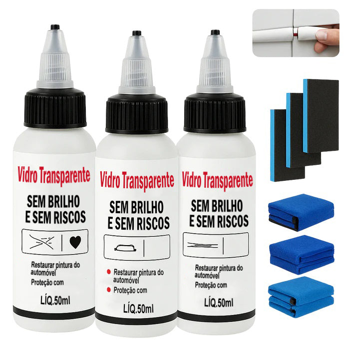Vidro transparente brilhante e sem riscos (1 frasco de 50 ml + esponja + pano de microfibra)