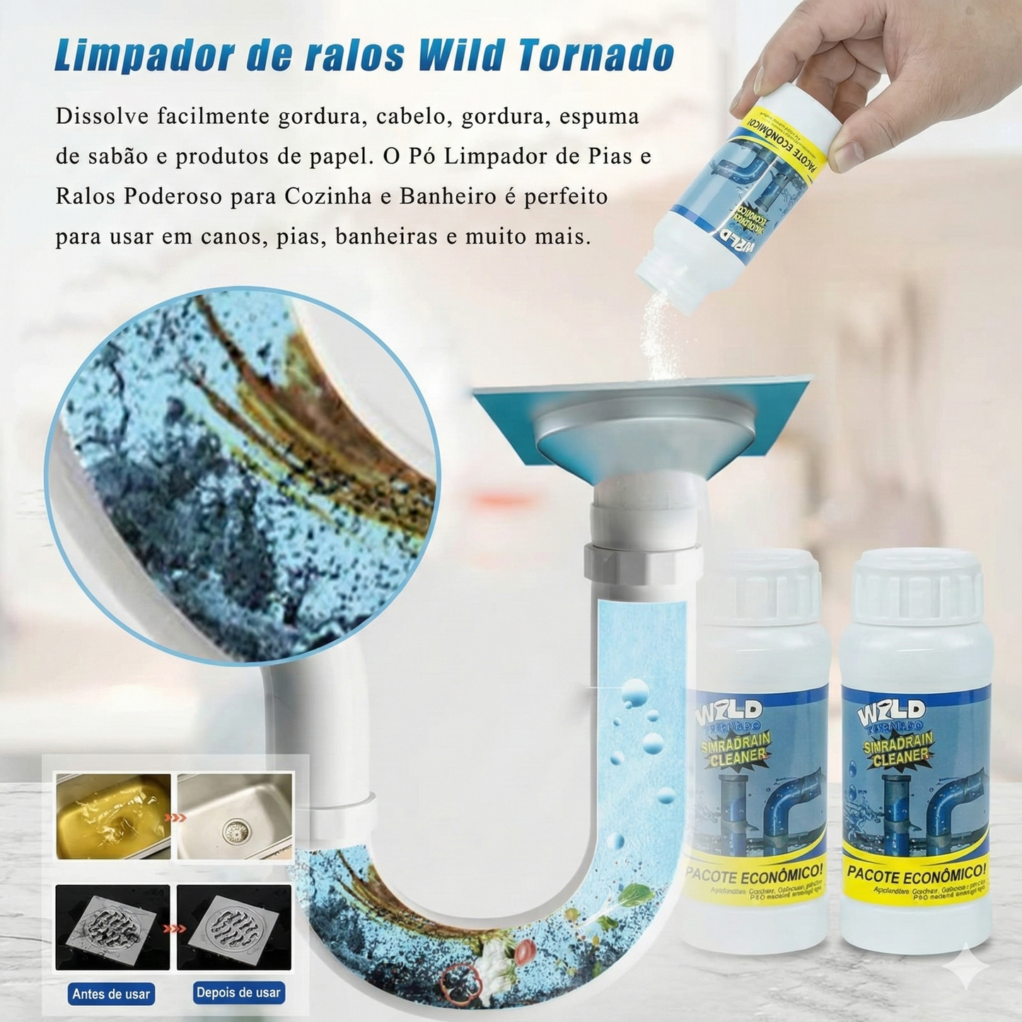 Agente de desentupimento de tubagens - Dissolve obstruções