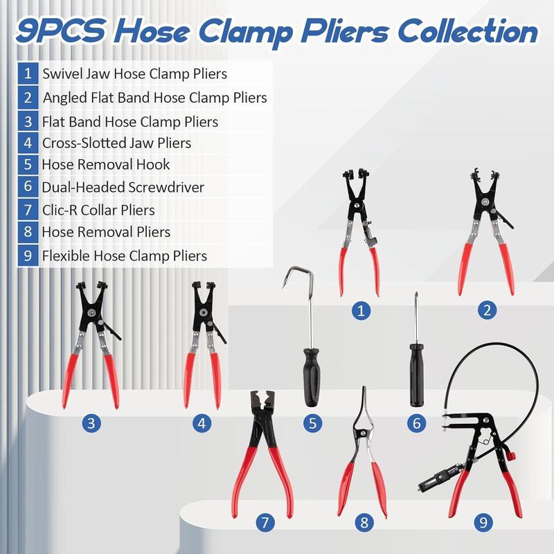 (9 peças) - Conjunto de alicates para abraçadeiras de mangueira - Braço comprido