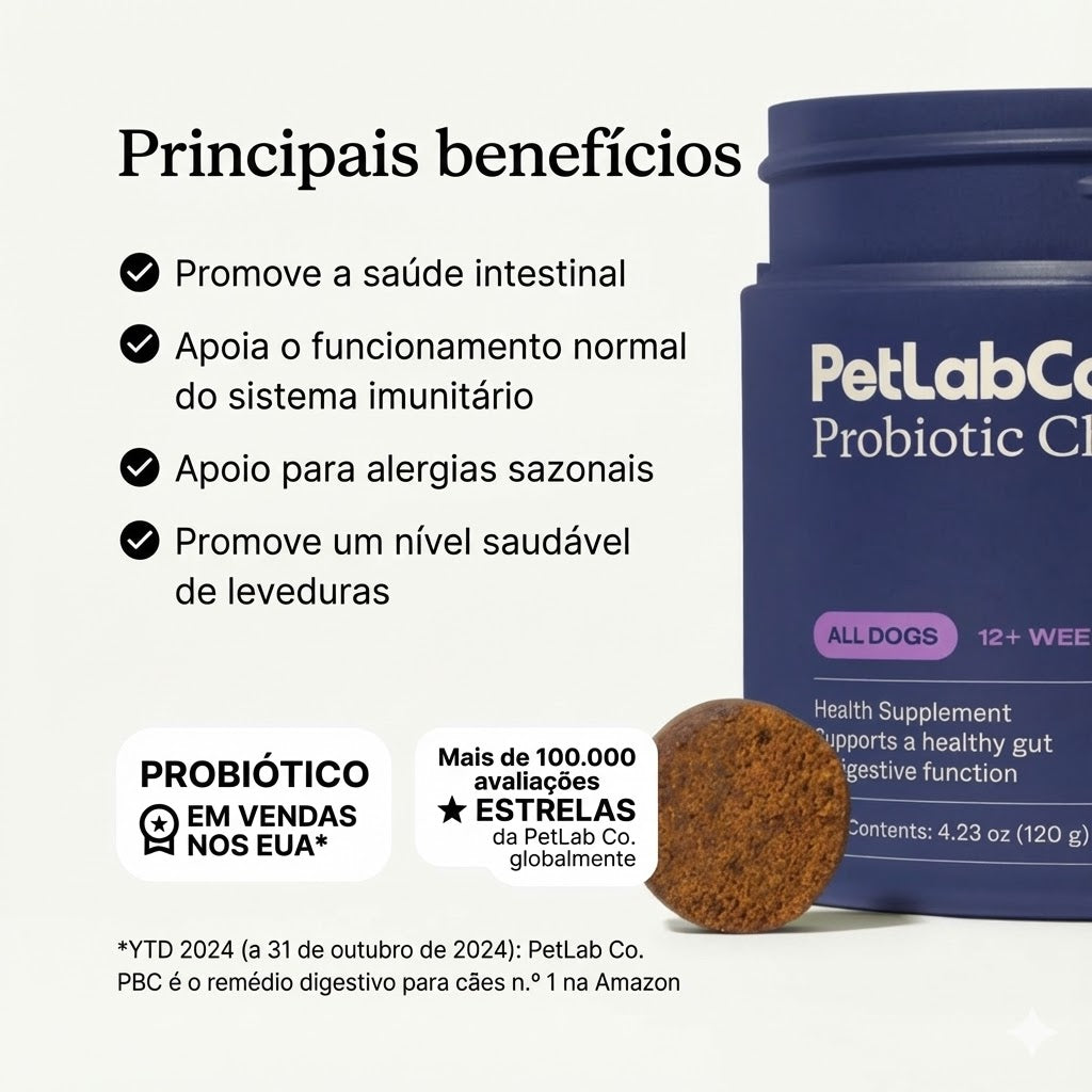 Probióticos em comprimidos mastigáveis macios para cães, para alergias sazonais, saúde intestinal e digestiva. Ingredientes de elevada qualidade, testados por veterinários.