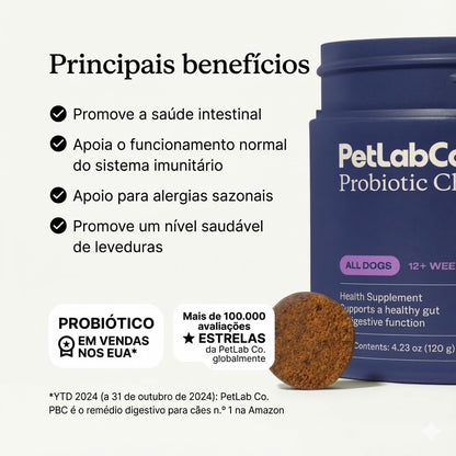 Probióticos em comprimidos mastigáveis macios para cães, para alergias sazonais, saúde intestinal e digestiva. Ingredientes de elevada qualidade, testados por veterinários.