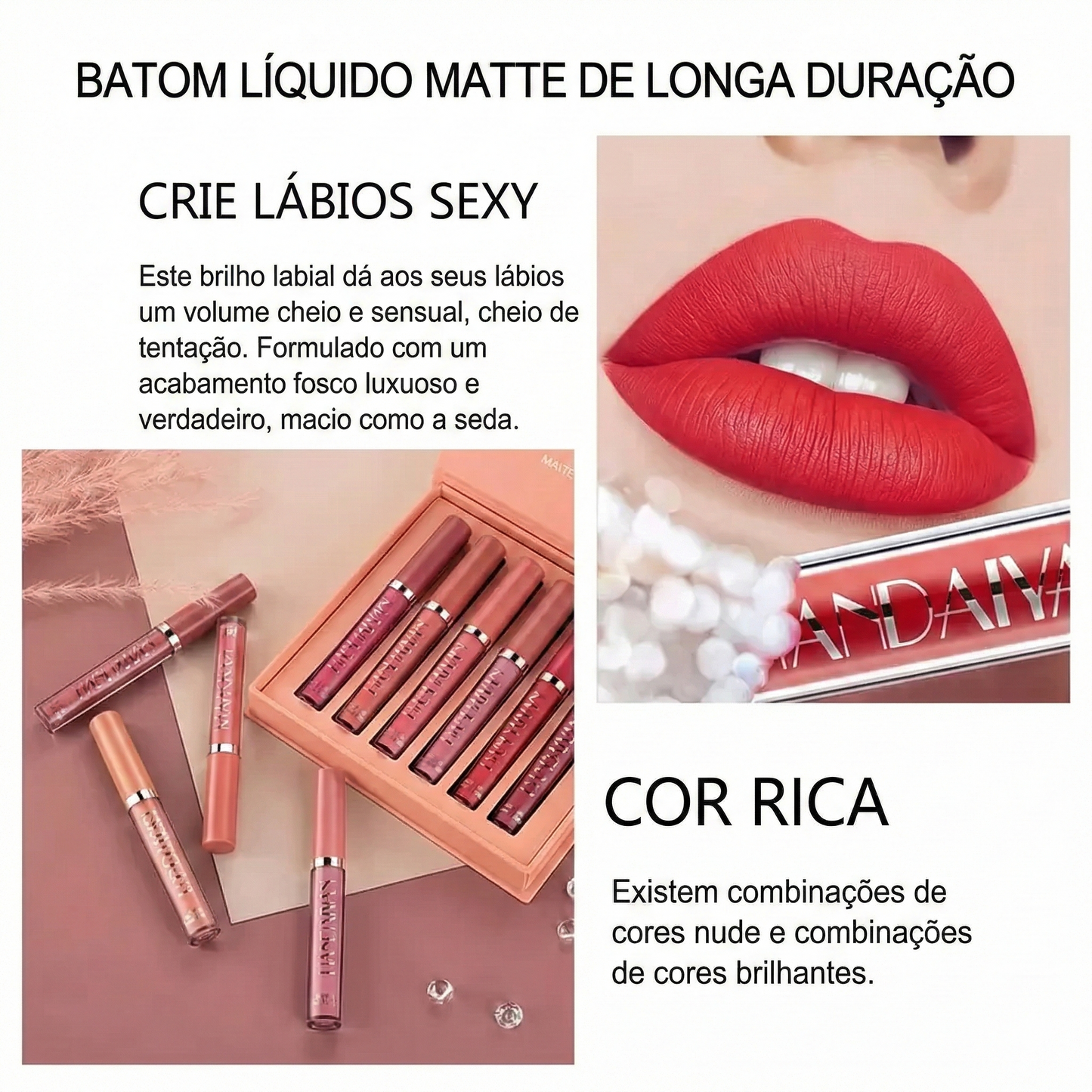 Conjunto de 6 batons líquidos mate de longa duração