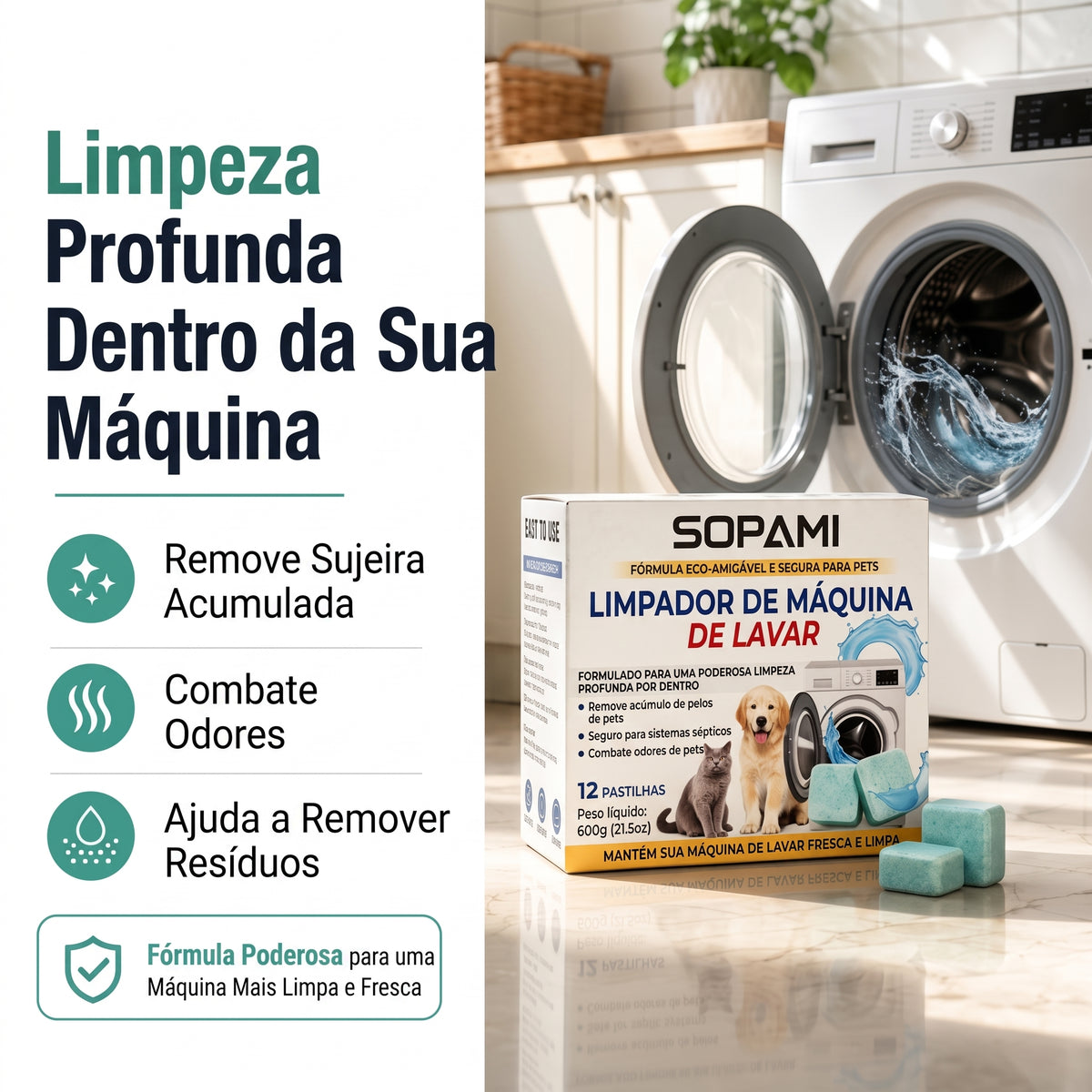 Embalagem com 12 - Pastilhas de Limpeza e Eliminação de Odores para Máquina de Lavar – Seguro