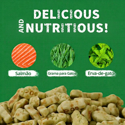 Snacks Naturais para Gatos – Sabor a Salmão com Catnip para o Controlo das Bolas de Pelo e Saúde Dentária (350g)