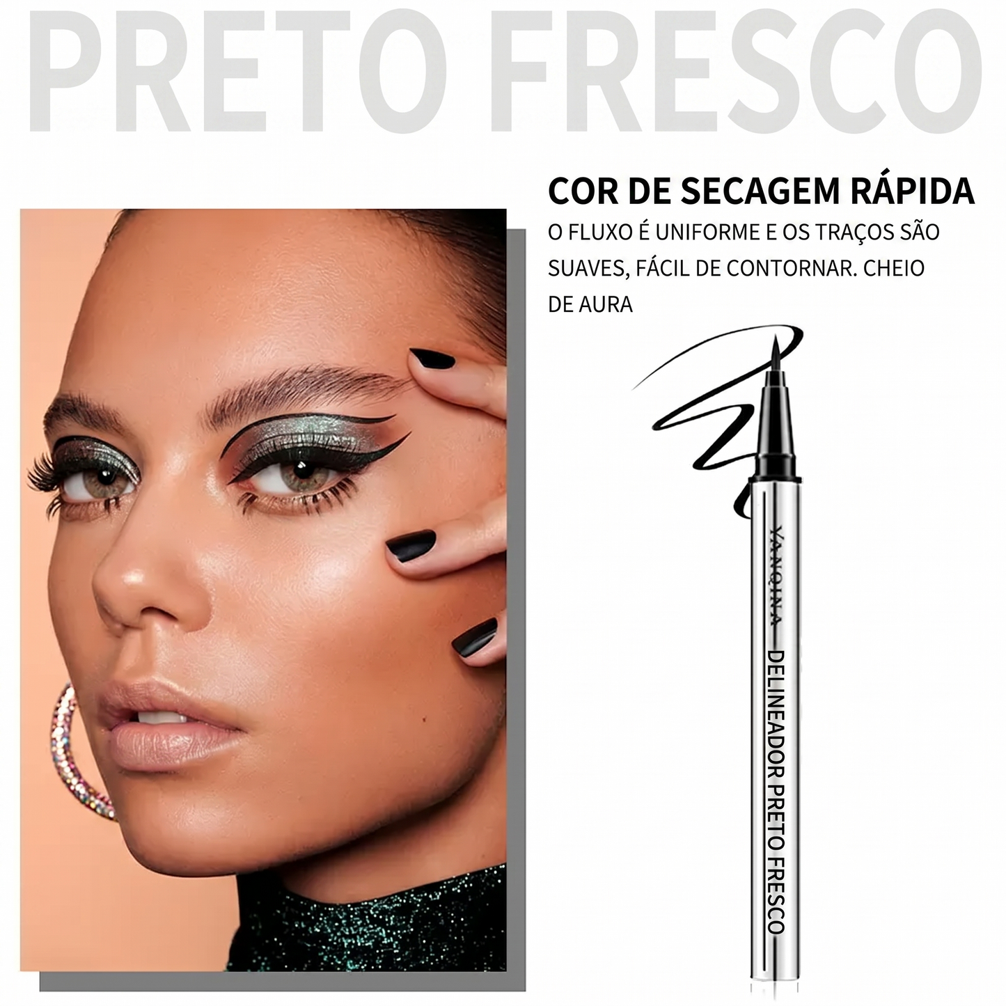 Cor preta – Eyeliner de Longa Duração YANQINA – Textura Impermeável, Vegan e Ultra Cremosa (24h)