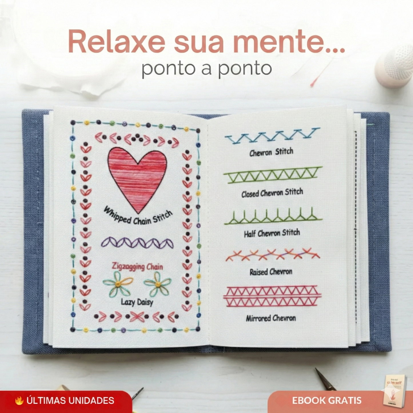 Livro de Bordados Anti-Stress: Kit Completo com mais de 60 Desenhos