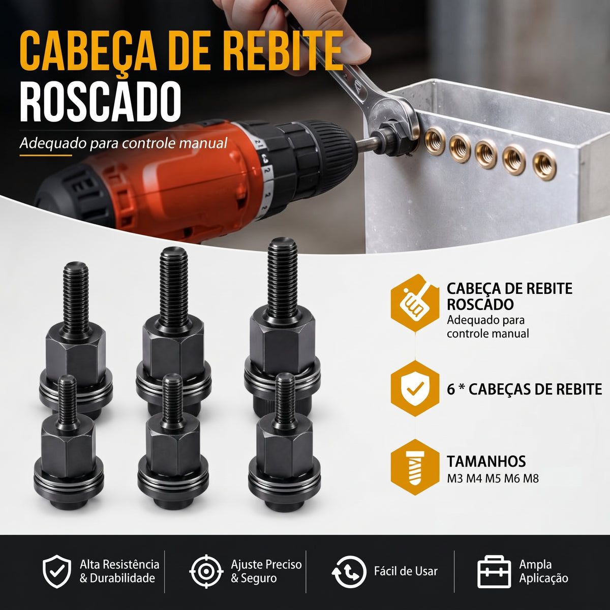 Embalagem com 10 - Ferramenta manual para porcas rebitáveis em aço carbono