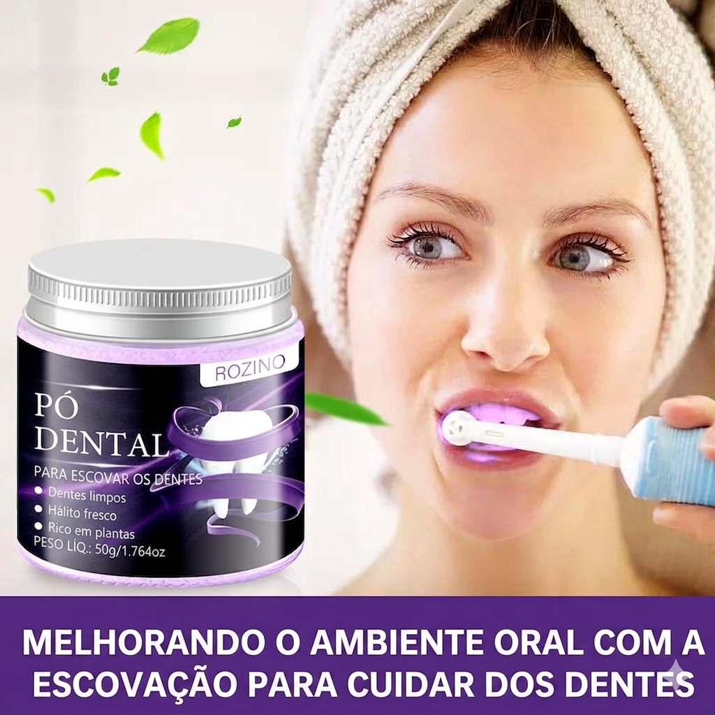 Pó Branqueador Dentário ROZINO Roxo – Correção de Cor com Hidroxiapatite e Remoção de Manchas (50g)
