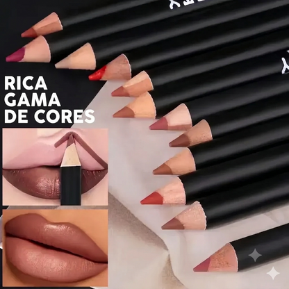 Lábios Definidos Lápis de Contorno Matte Longa Duração Kit 12pcs
