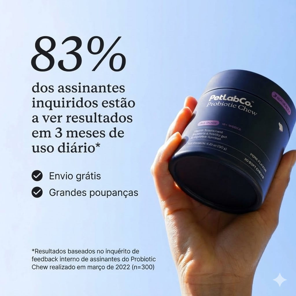 Probióticos em comprimidos mastigáveis macios para cães, para alergias sazonais, saúde intestinal e digestiva. Ingredientes de elevada qualidade, testados por veterinários.
