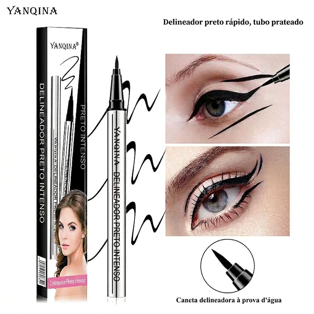 Cor preta – Eyeliner de Longa Duração YANQINA – Textura Impermeável, Vegan e Ultra Cremosa (24h)