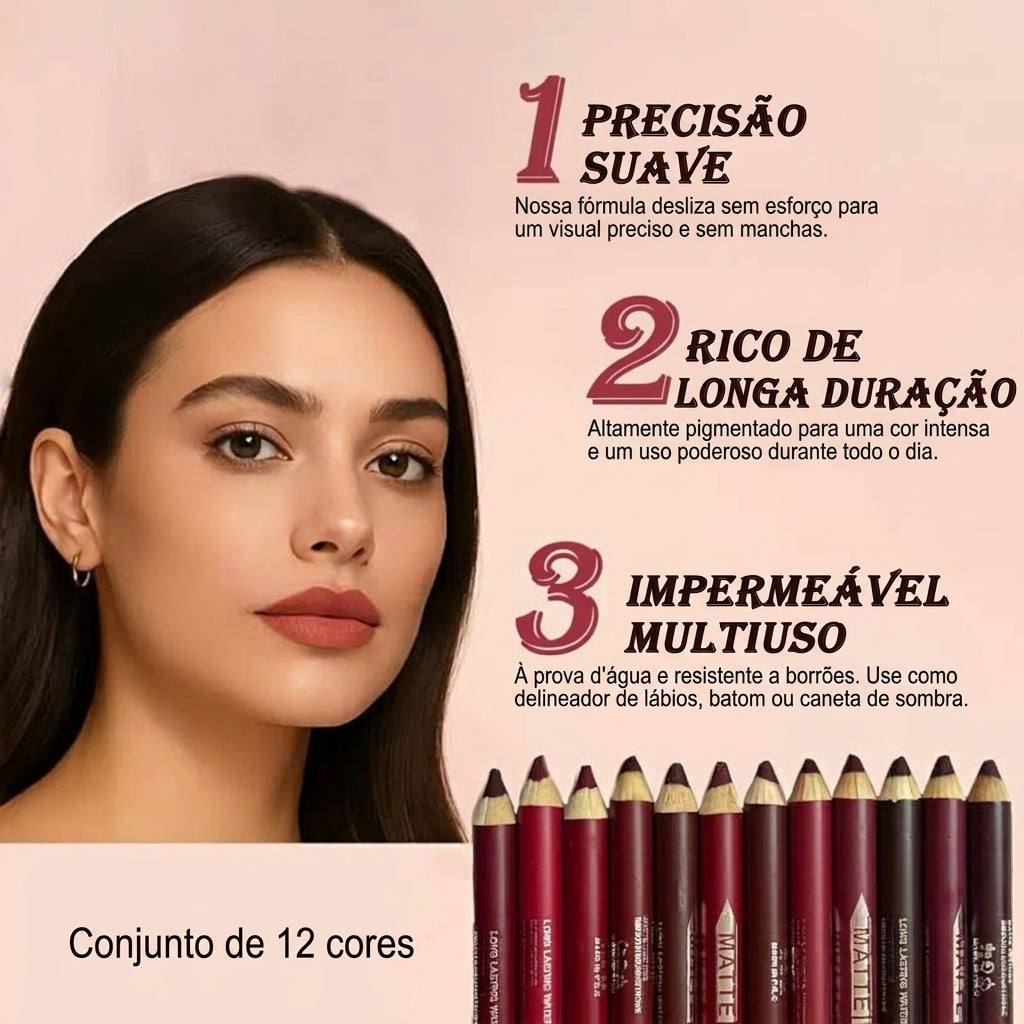 Embalagem com 12 - Contorno Labial Preciso Kit Matte à Prova d'Água com Apontador
