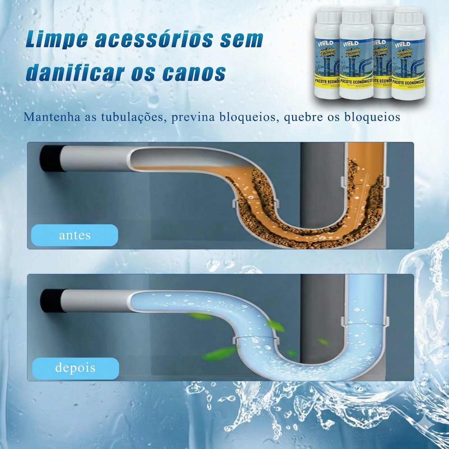 Agente de desentupimento de tubagens - Dissolve obstruções