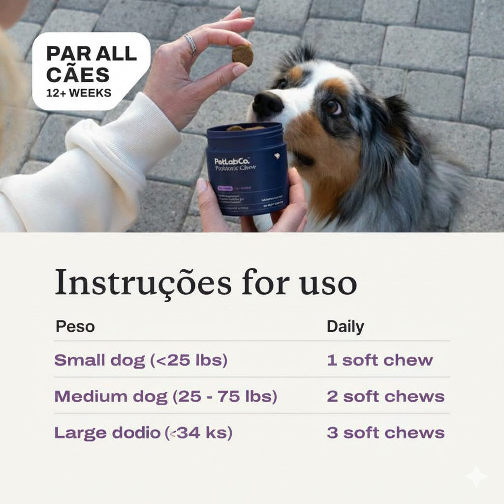 Probióticos em comprimidos mastigáveis macios para cães, para alergias sazonais, saúde intestinal e digestiva. Ingredientes de elevada qualidade, testados por veterinários.
