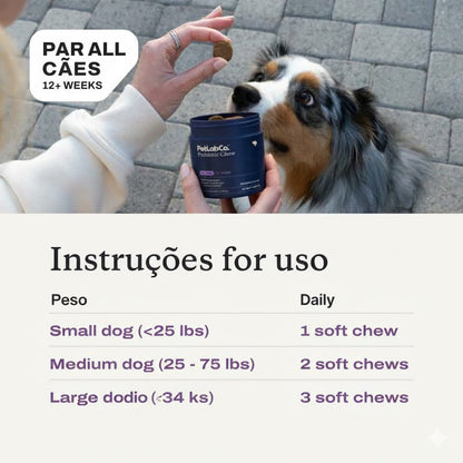 Probióticos em comprimidos mastigáveis macios para cães, para alergias sazonais, saúde intestinal e digestiva. Ingredientes de elevada qualidade, testados por veterinários.
