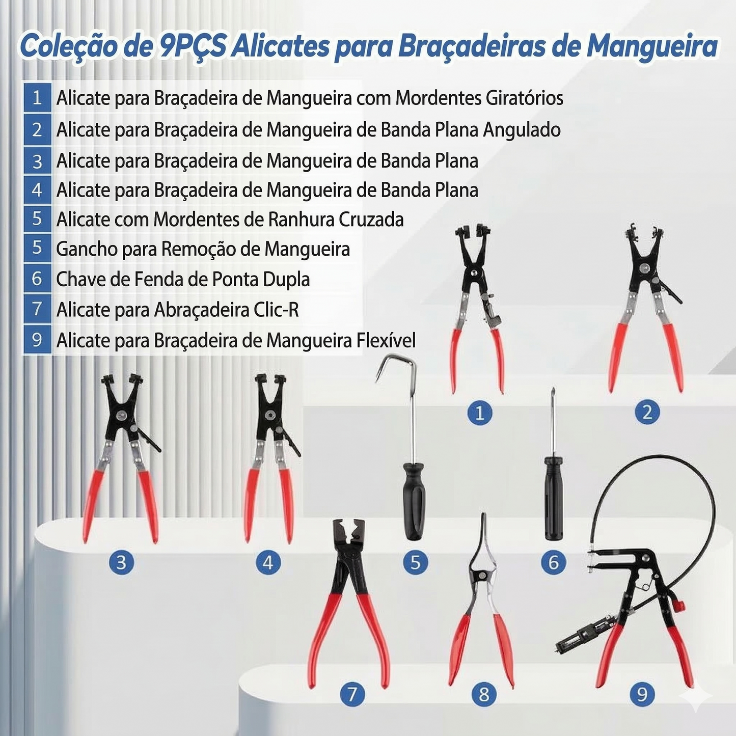 (9 peças) - Conjunto de alicates para abraçadeiras de mangueira - Braço comprido