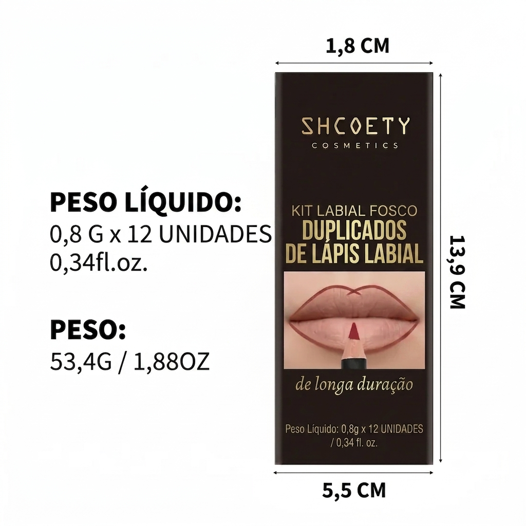 Lábios Definidos Lápis de Contorno Matte Longa Duração Kit 12pcs