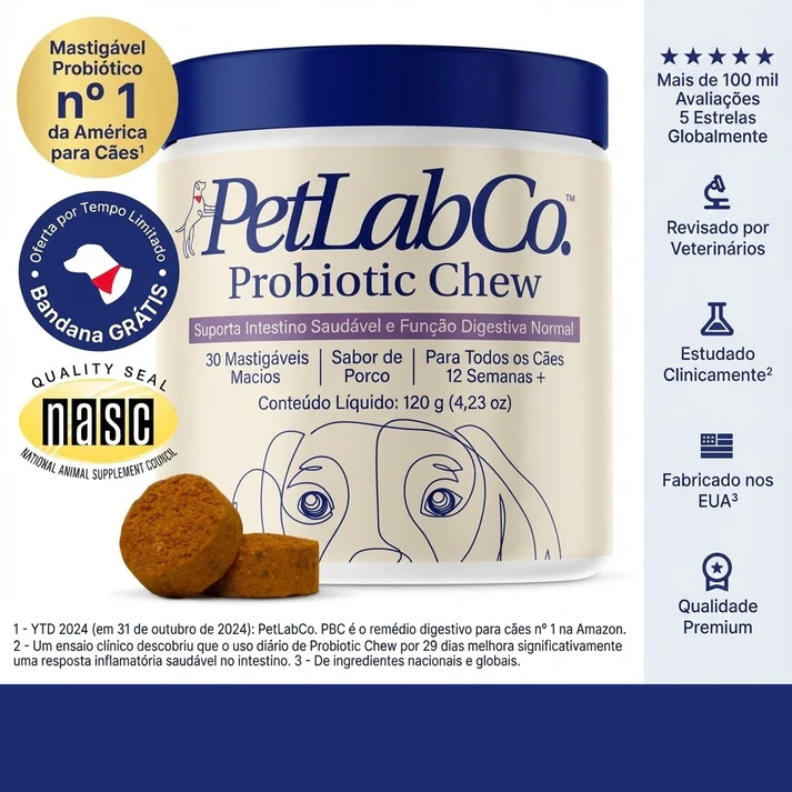 Probióticos em comprimidos mastigáveis macios para cães, para alergias sazonais, saúde intestinal e digestiva. Ingredientes de elevada qualidade, testados por veterinários.