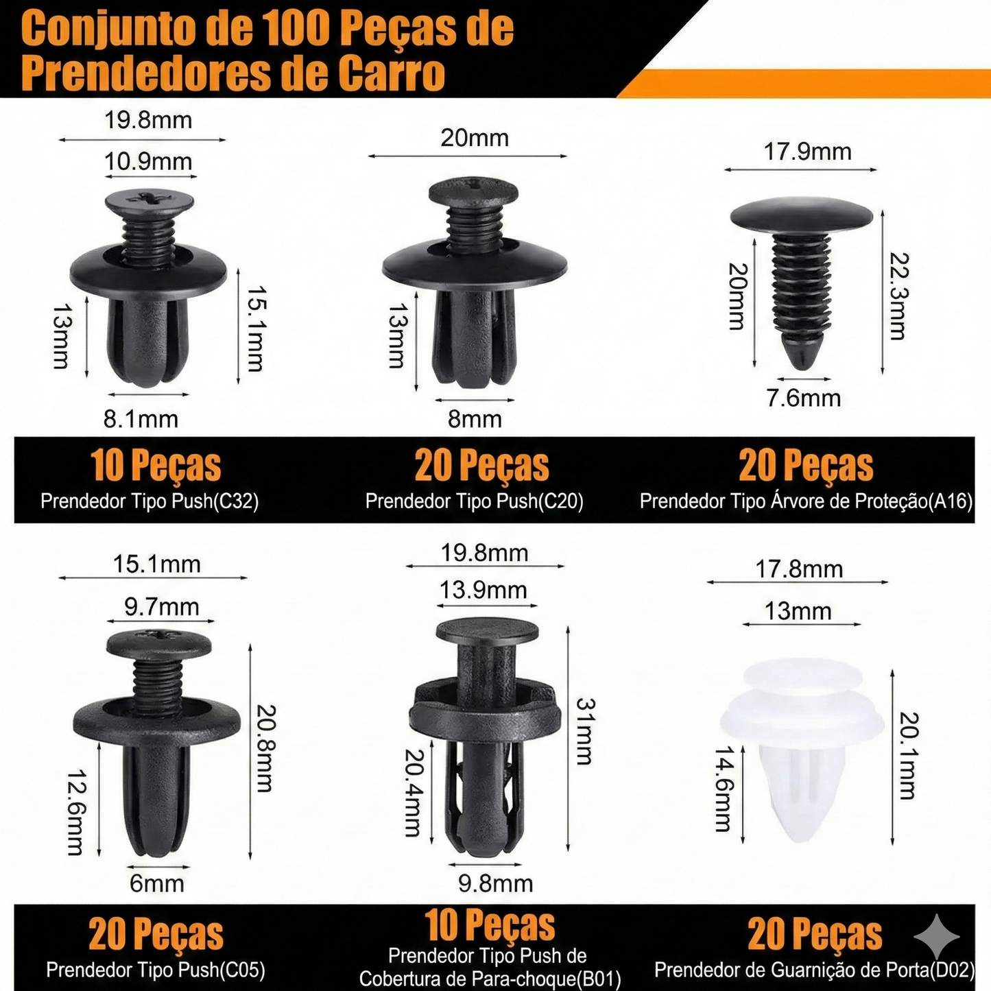 100 unidades - Clips de expansão universais para parafusos
