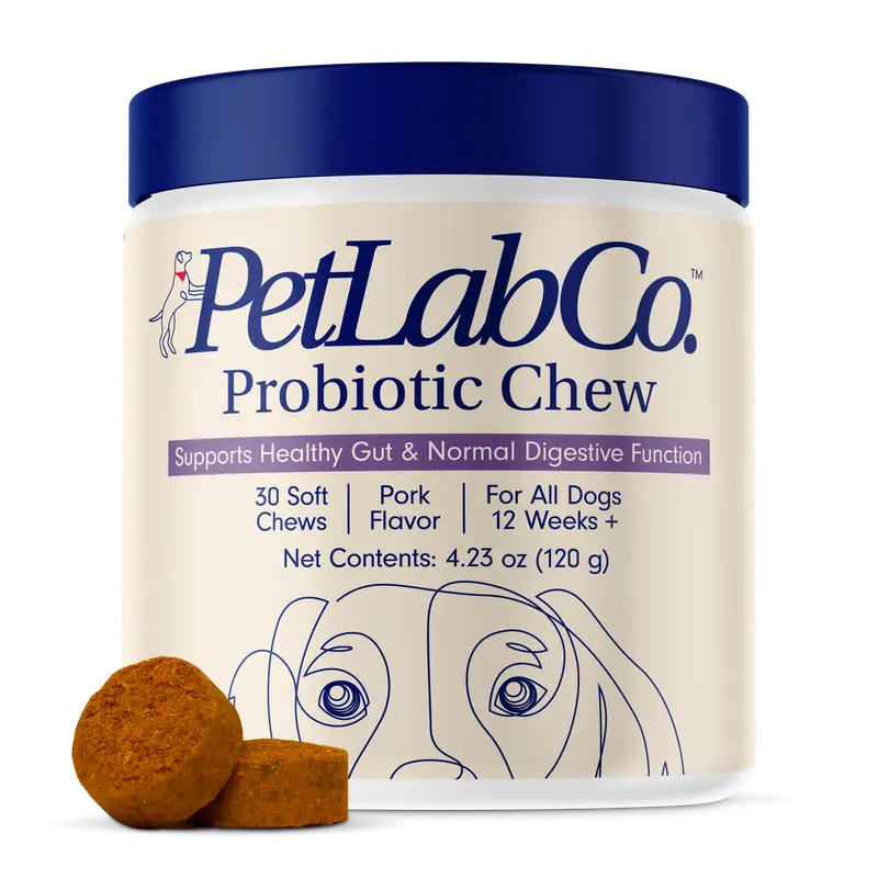 Probióticos em comprimidos mastigáveis macios para cães, para alergias sazonais, saúde intestinal e digestiva. Ingredientes de elevada qualidade, testados por veterinários.