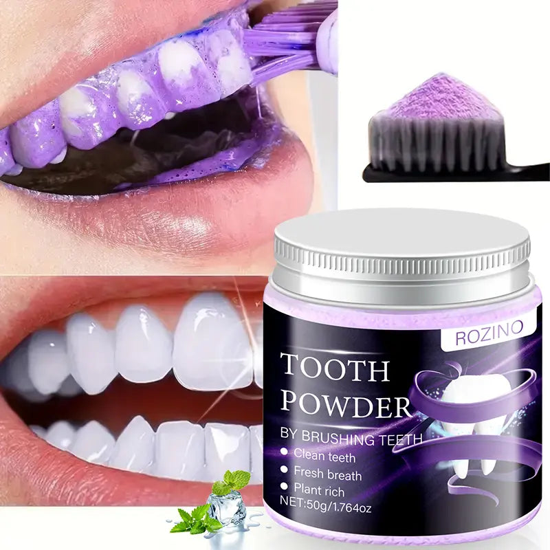 Pó Branqueador Dentário ROZINO Roxo – Correção de Cor com Hidroxiapatite e Remoção de Manchas (50g)
